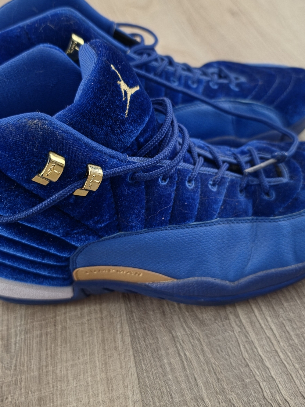 Air Jordan 12 Velvet Blue Sneakers with Gold Accents Size 10